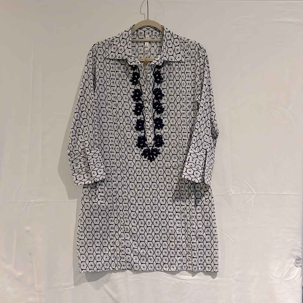 NWT, Helen Jon, size small, tunic essential shirt dress, navy & white print